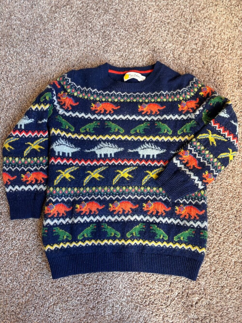 Mini Boden Kids Dinosaur Fair Isle Sweater Size 7/8 128cm Wool Alpaca Blend Navy